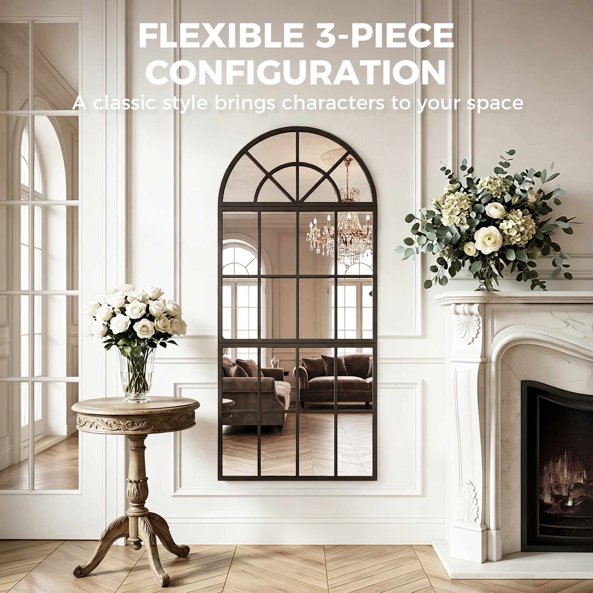 120 x 54 cm, Modern Large Arched Wall Mirror with Metal Grid, 3-Piece Split Window Mirrors with Tempered Glass for Window Decoration, Bedroom and Entryway, Black