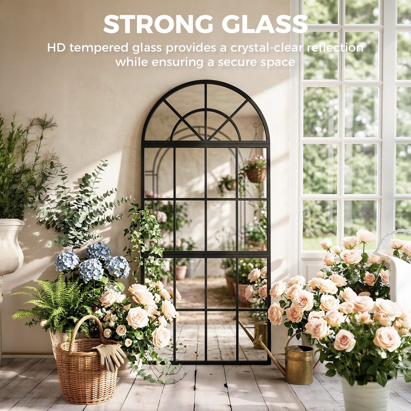 120 x 54 cm, Modern Large Arched Wall Mirror with Metal Grid, 3-Piece Split Window Mirrors with Tempered Glass for Window Decoration, Bedroom and Entryway, Black