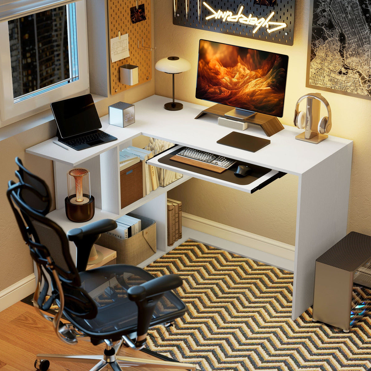L-Shaped Corner Desk with Keyboard Tray, Computer Desk for Home Office with 4 Open Shelves, Space-Saving Study Workstation, 120 x 100 x 76 cm, White Wood Effect