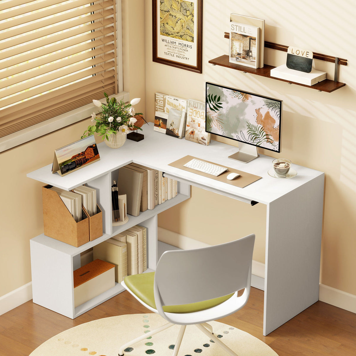 L-Shaped Corner Desk with Keyboard Tray, Computer Desk for Home Office with 4 Open Shelves, Space-Saving Study Workstation, 120 x 100 x 76 cm, White Wood Effect