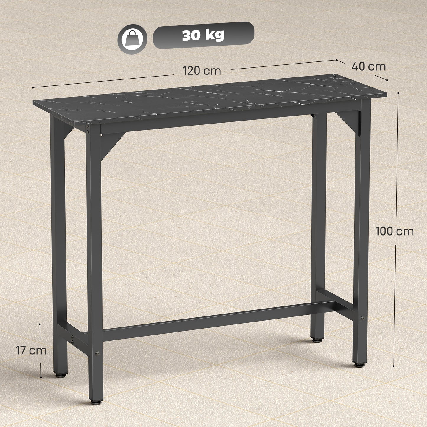 Rectangular Bar Table, Marble Effect Pub Coffee Table with Adjustable Footpads, Metal Frame, for Small Space, Breakfast Dining, Kitchen, Living Room, Industrial, Black Marble Effect