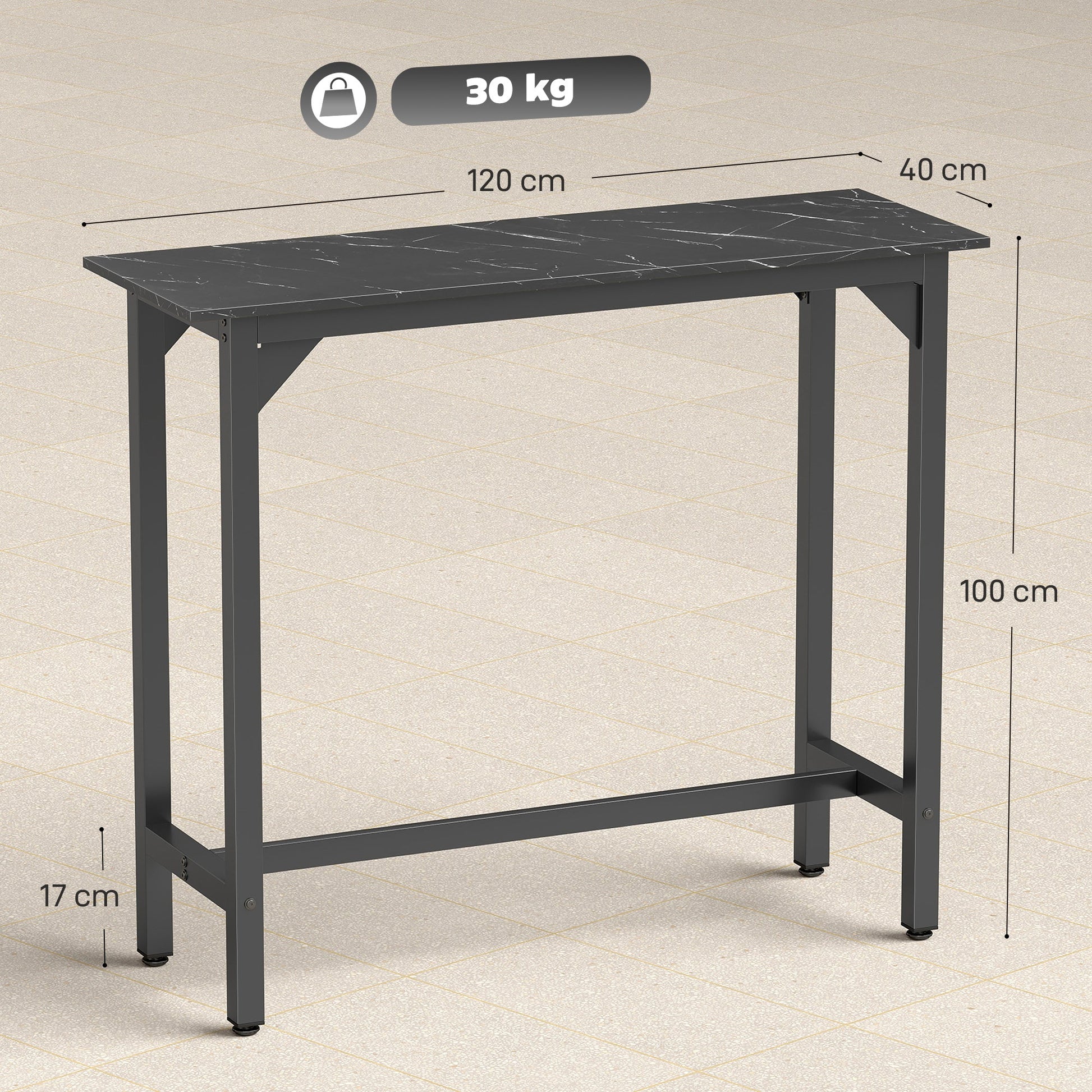 Rectangular Bar Table, Marble Effect Pub Coffee Table with Adjustable Footpads, Metal Frame, for Small Space, Breakfast Dining, Kitchen, Living Room, Industrial, Black Marble Effect