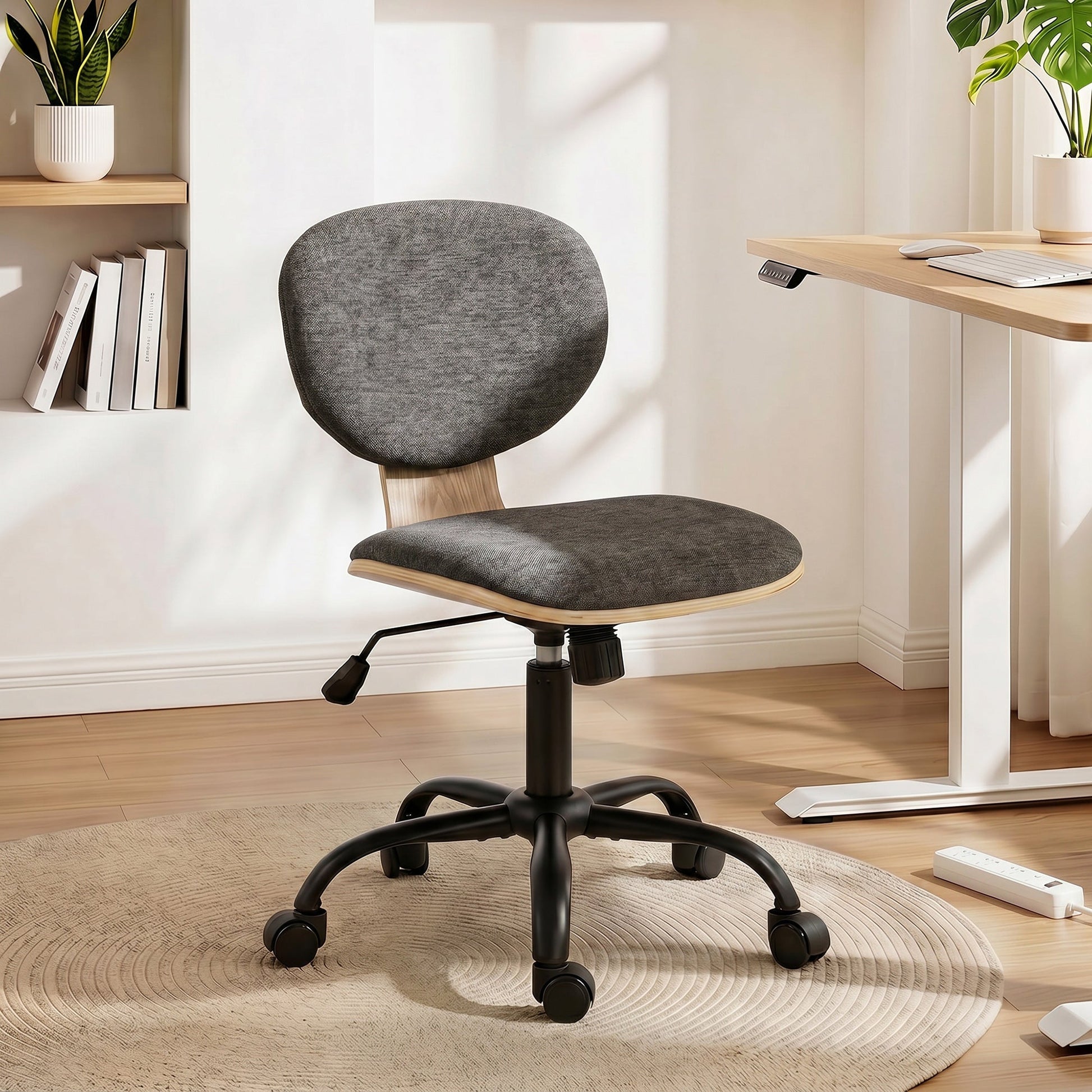 Home Office Chair, Swivel Computer Desk Chair with Rocking Function, Adjustable Height, Curved Back, Wheels, Armless, Grey