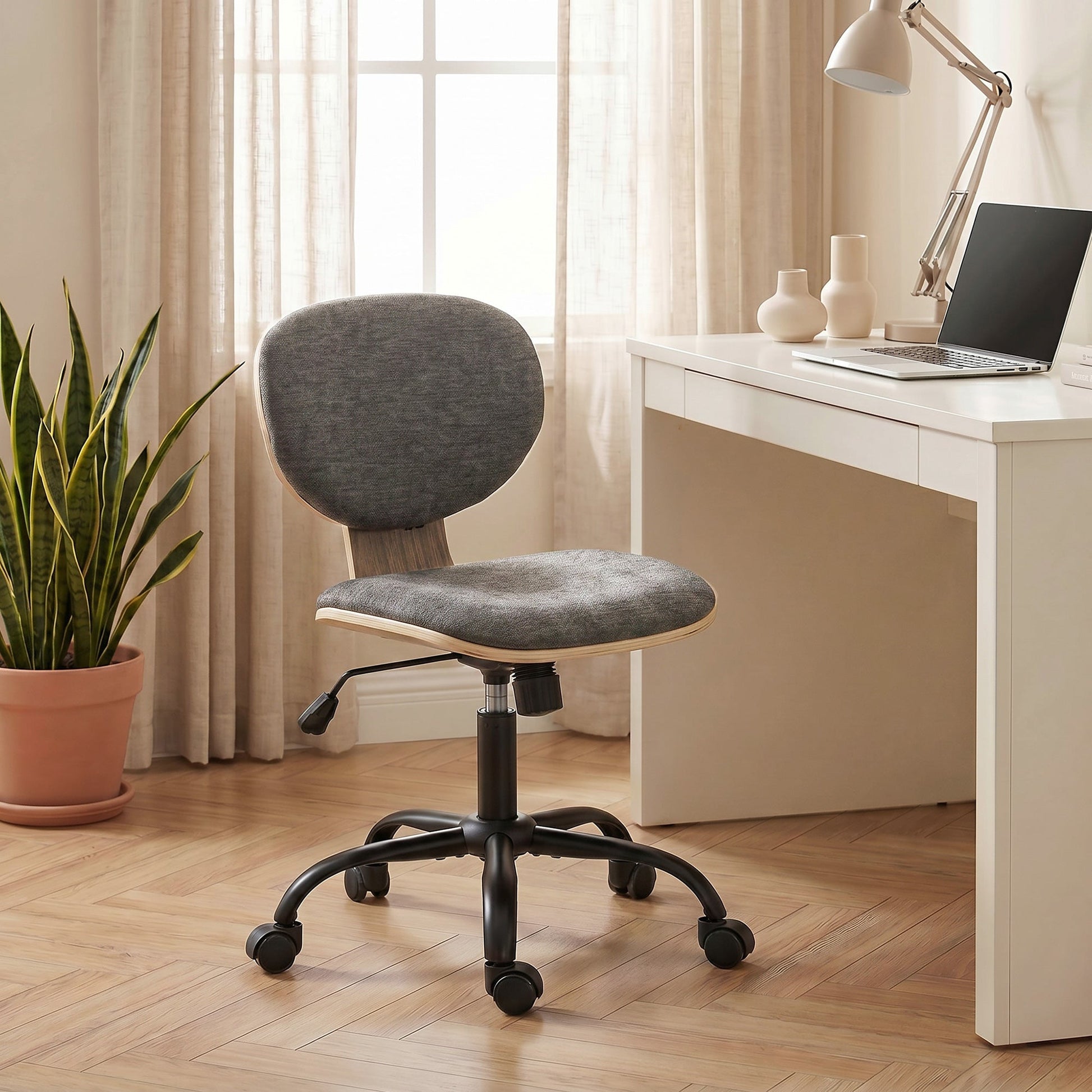 Home Office Chair, Swivel Computer Desk Chair with Rocking Function, Adjustable Height, Curved Back, Wheels, Armless, Grey