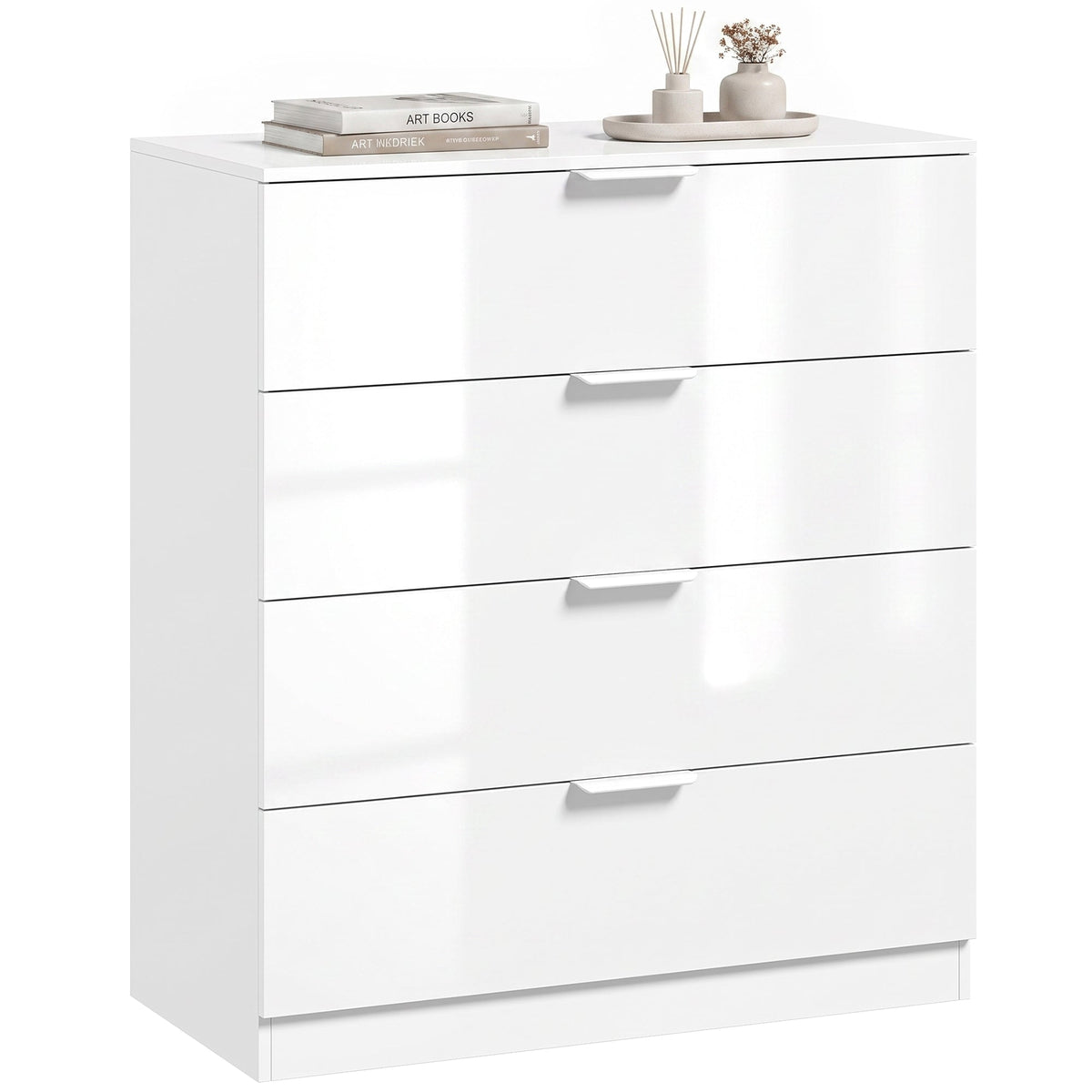 High Gloss Chest of Drawers with 4 Drawers, Modern Space-Saving Bedroom Storage Unit with Smooth Runners, Wooden Cupboard for Living Room, Office, Hallway, 70 x 34 x 79 cm, White