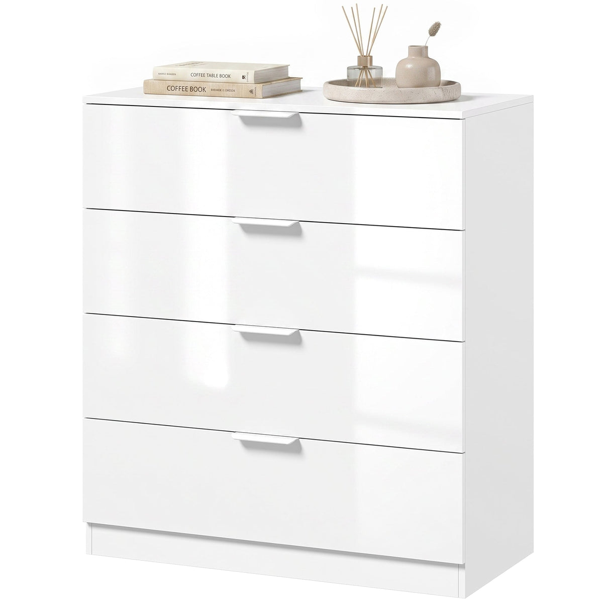 High Gloss Chest of Drawers with 4 Drawers, Modern Space-Saving Bedroom Storage Unit with Smooth Runners, Wooden Cupboard for Living Room, Office, Hallway, 70 x 34 x 79 cm, White