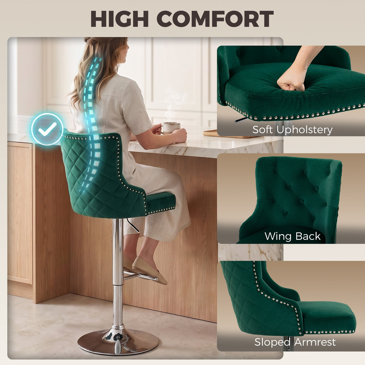 Bar Stools Set of 2, Modern Swivel & Adjustable Velvet Barstools with Button-Tufted Back, Footrest, Nailhead Trim for Home Bar, Green