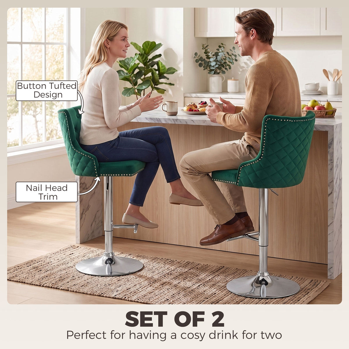 Bar Stools Set of 2, Modern Swivel & Adjustable Velvet Barstools with Button-Tufted Back, Footrest, Nailhead Trim for Home Bar, Green