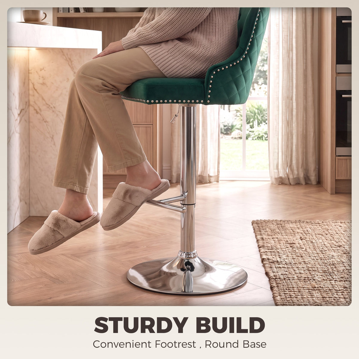 Bar Stools Set of 2, Modern Swivel & Adjustable Velvet Barstools with Button-Tufted Back, Footrest, Nailhead Trim for Home Bar, Green