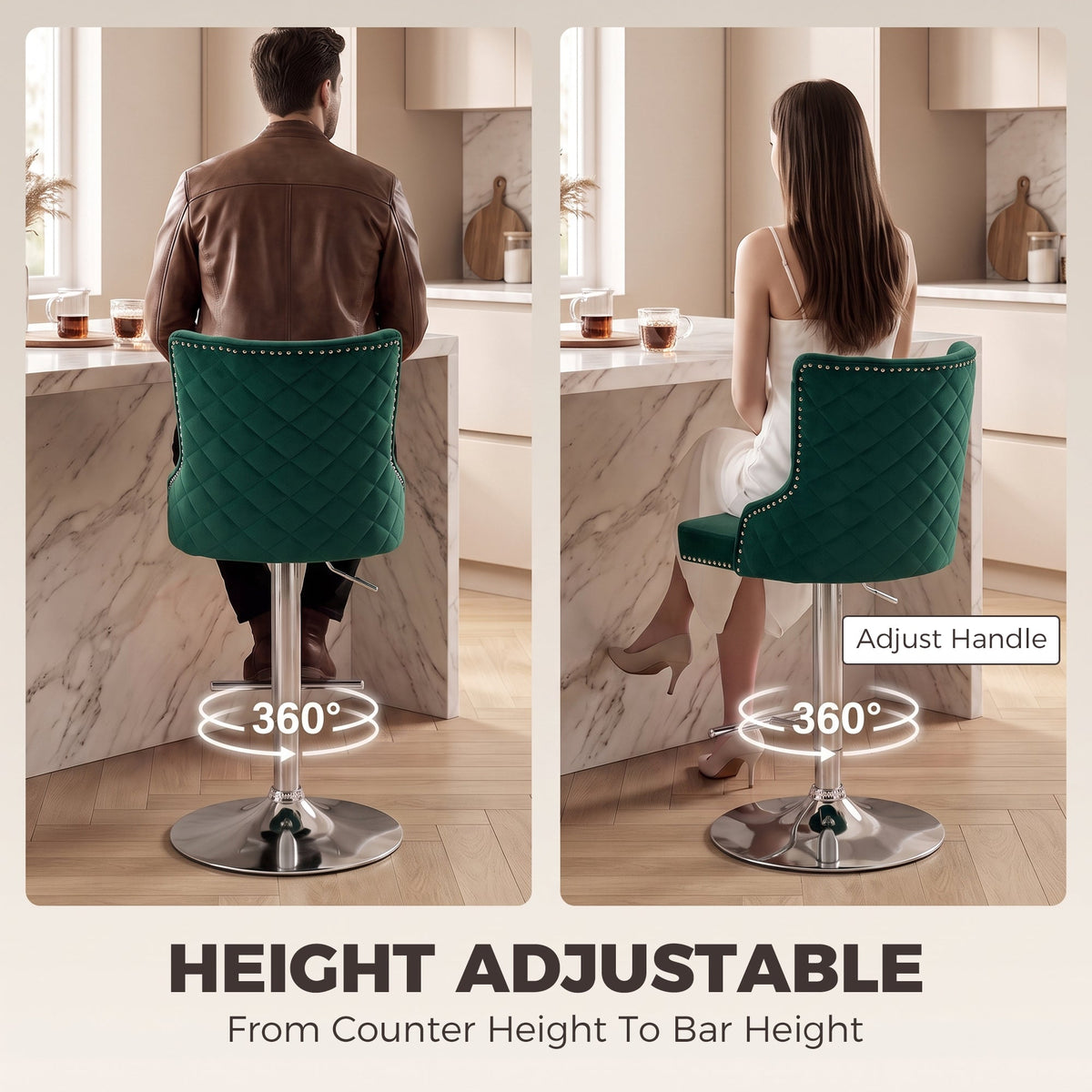 Bar Stools Set of 2, Modern Swivel & Adjustable Velvet Barstools with Button-Tufted Back, Footrest, Nailhead Trim for Home Bar, Green