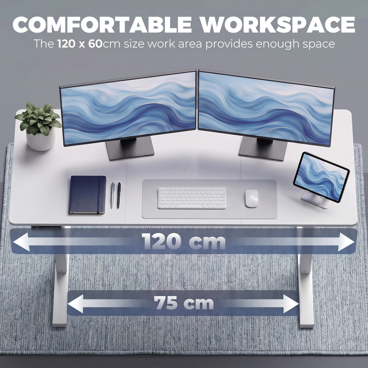 Electric Standing Desk Height Adjustable 120 x 60cm, Sit Stand Desk with 3 Memory Presets, Quiet Home Office Computer Desk with LED Display, Cable Holes & Hooks for Bedroom, Home Office, White