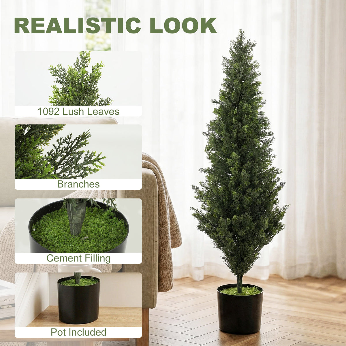 Set of 2 Decorative Artificial Plants Cypress in Weighted Pot, 120 cm Tall Fake Plant with 1092 Leaves for Home Indoor Outdoor Decor