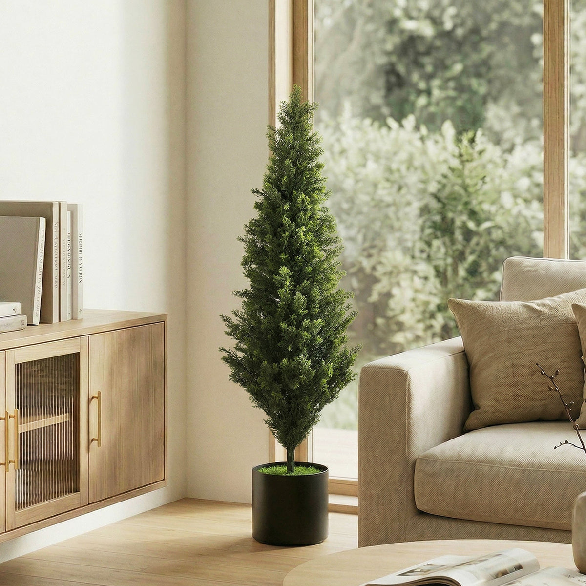 Set of 2 Decorative Artificial Plants Cypress in Weighted Pot, 120 cm Tall Fake Plant with 1092 Leaves for Home Indoor Outdoor Decor