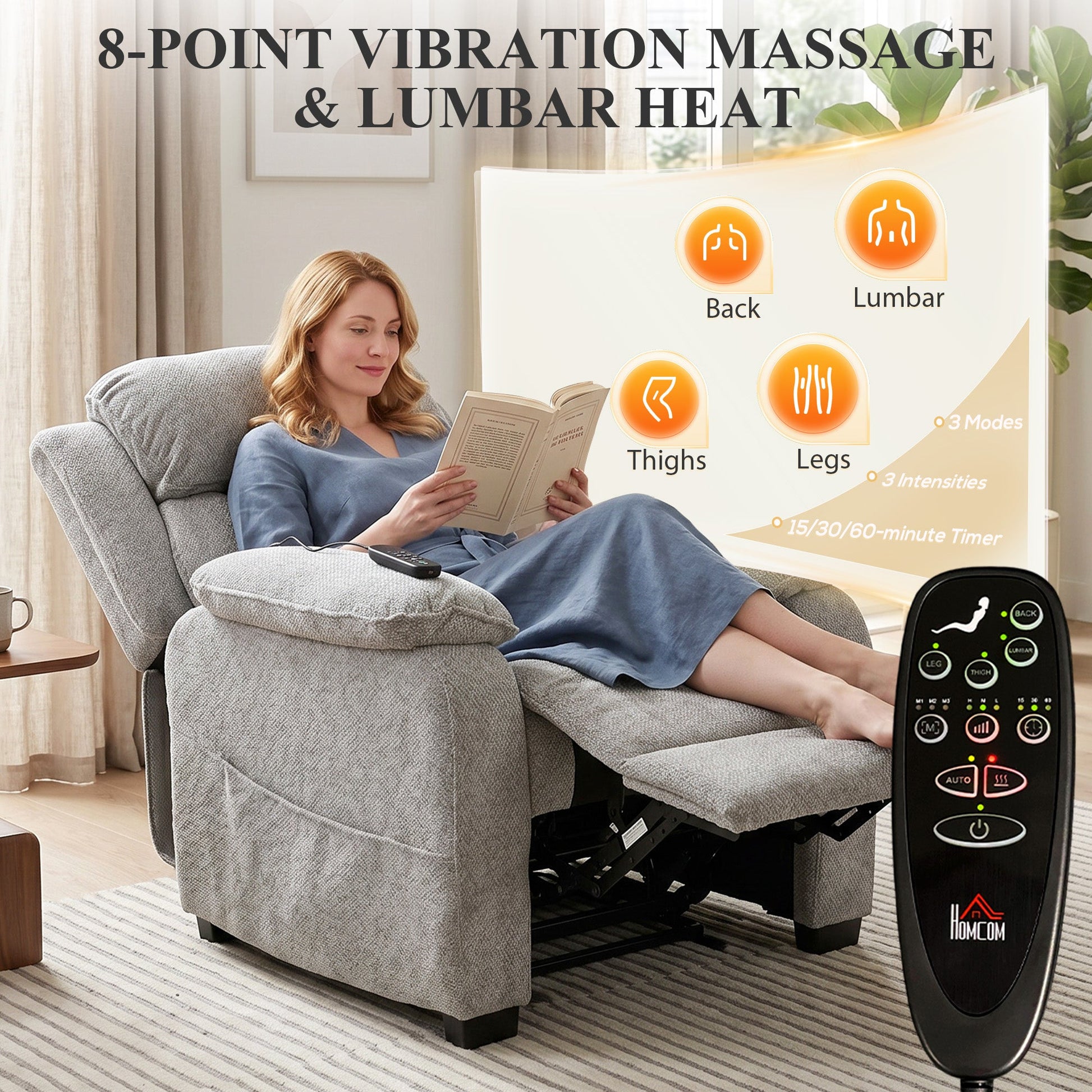 Power Recliner Armchair with Massage and Heat, Velvet-Feel Fabric Quiet Electric Reclining Chair with Wide Spring Seat, Memory Function, High Back, Headrest, USB Port, Side Pockets, Light Grey