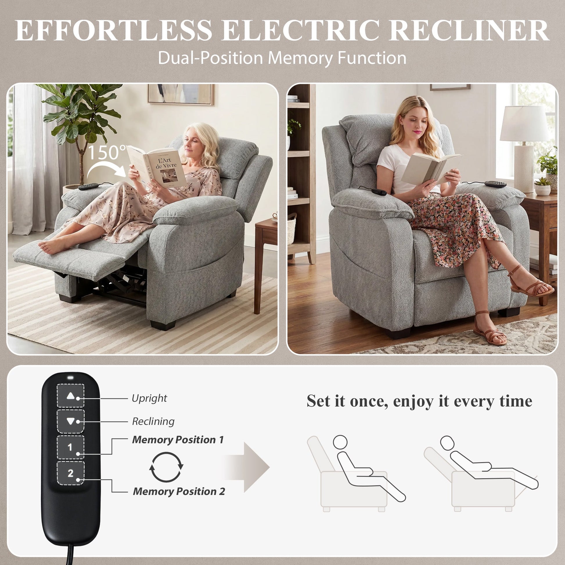 Power Recliner Armchair with Massage and Heat, Velvet-Feel Fabric Quiet Electric Reclining Chair with Wide Spring Seat, Memory Function, High Back, Headrest, USB Port, Side Pockets, Light Grey