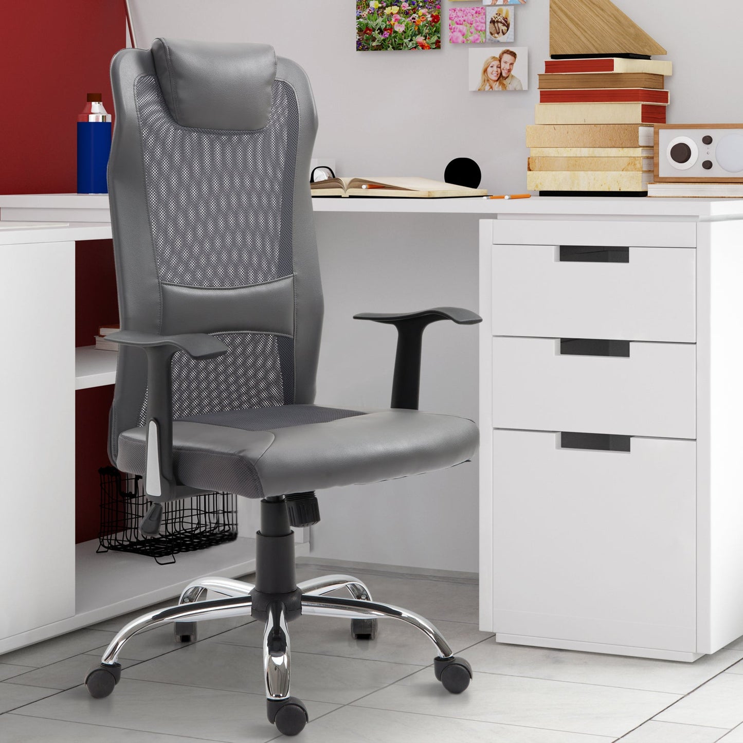 Vinsetto Office Chair, Computer Desk Chair, Mesh and PU Leather Swivel Chair with Adjustable Height and Rolling Wheels for Home Office Work Study, Grey