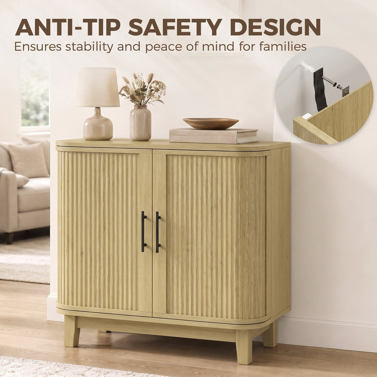 80cm Sideboard Buffet Cabinet, Modern Storage Cabinet with 2 Curved Doors, Adjustable Shelf and Legs for Dining Room, Hallway, Oak