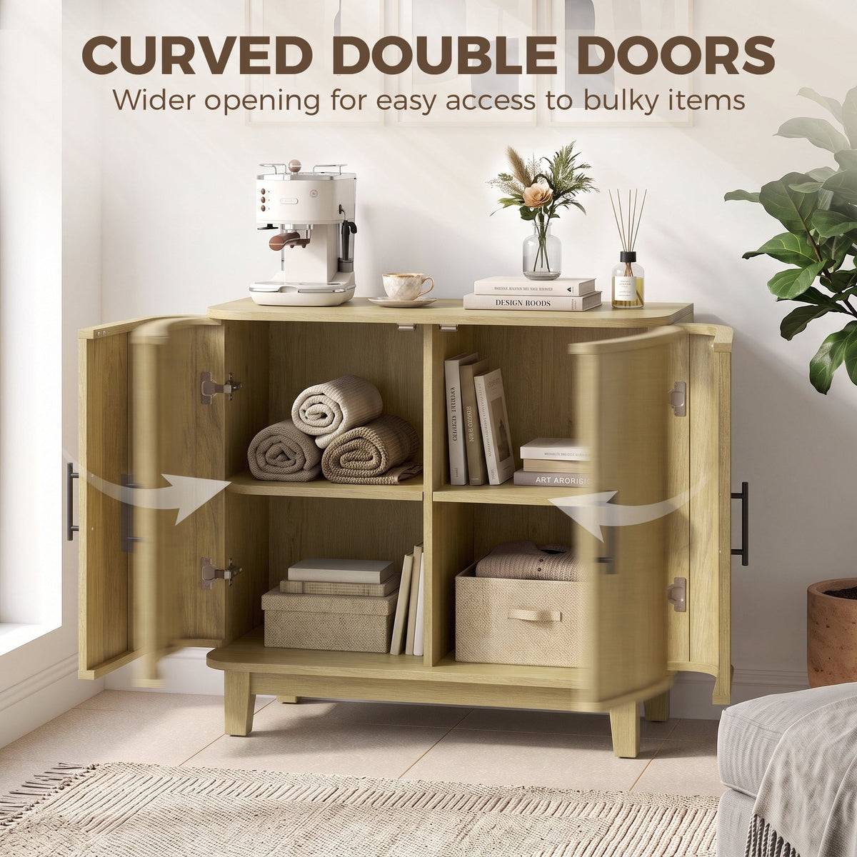 80cm Sideboard Buffet Cabinet, Modern Storage Cabinet with 2 Curved Doors, Adjustable Shelf and Legs for Dining Room, Hallway, Oak