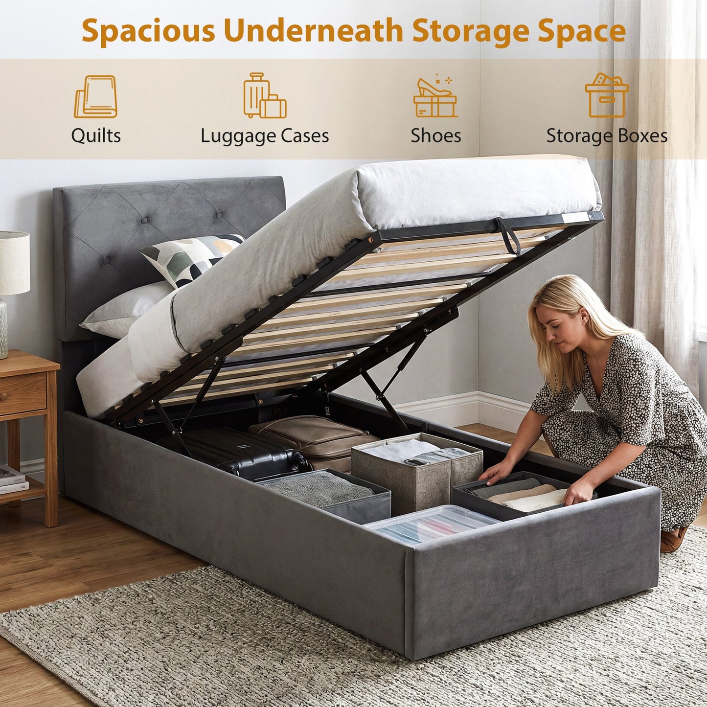 3FT Single Bed Frame for 90 x 190 cm Mattress, Upholstered Platform Bed Frame with Tufted Headboard, Gas Lift Up Storage, Mattress Foundation, Dark Grey