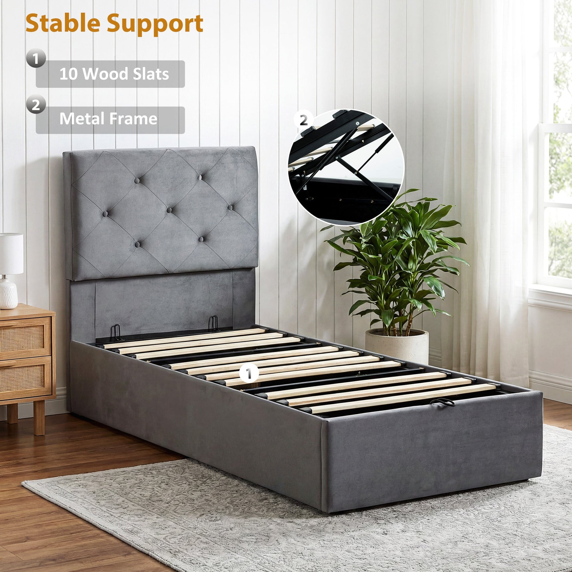 3FT Single Bed Frame for 90 x 190 cm Mattress, Upholstered Platform Bed Frame with Tufted Headboard, Gas Lift Up Storage, Mattress Foundation, Dark Grey