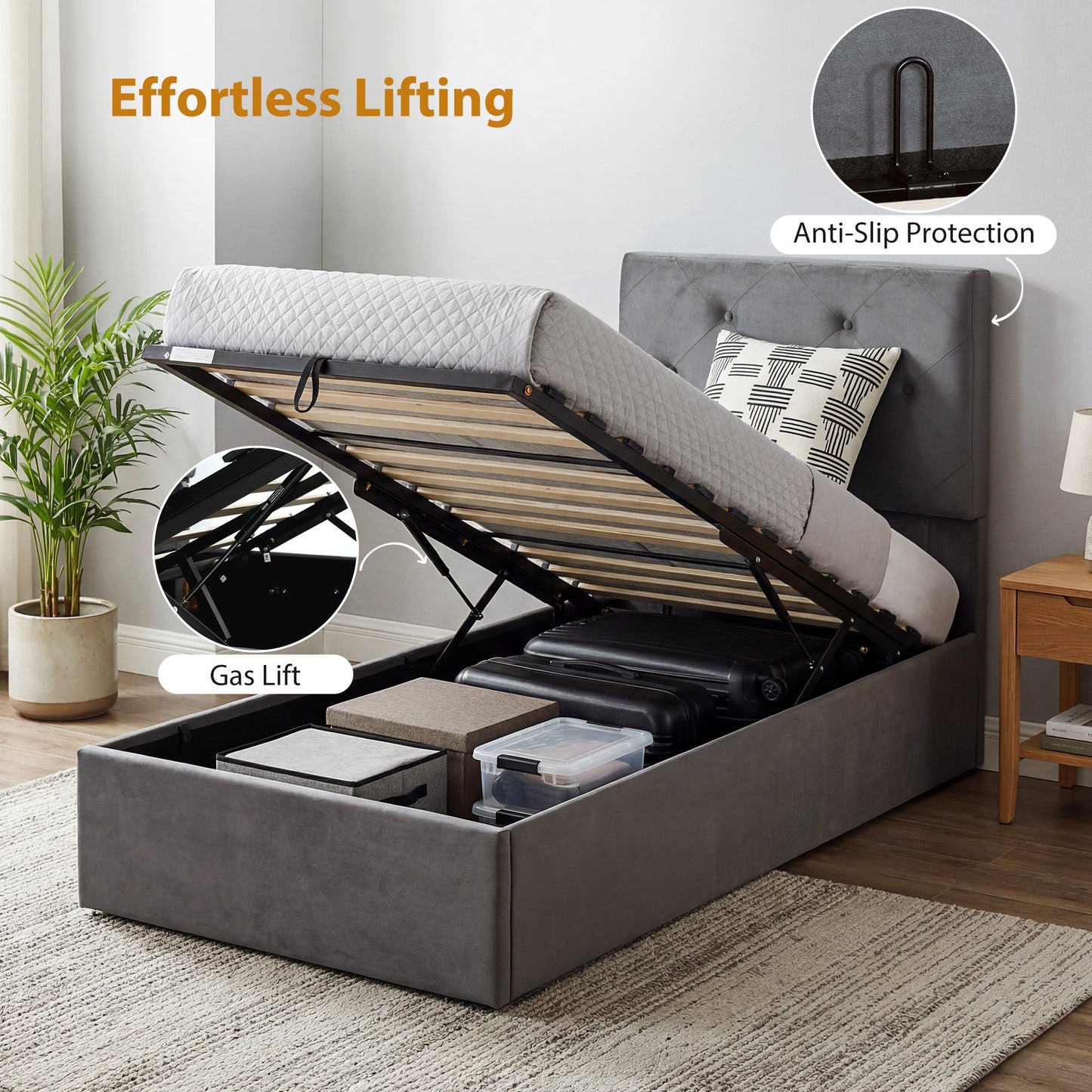3FT Single Bed Frame for 90 x 190 cm Mattress, Upholstered Platform Bed Frame with Tufted Headboard, Gas Lift Up Storage, Mattress Foundation, Dark Grey