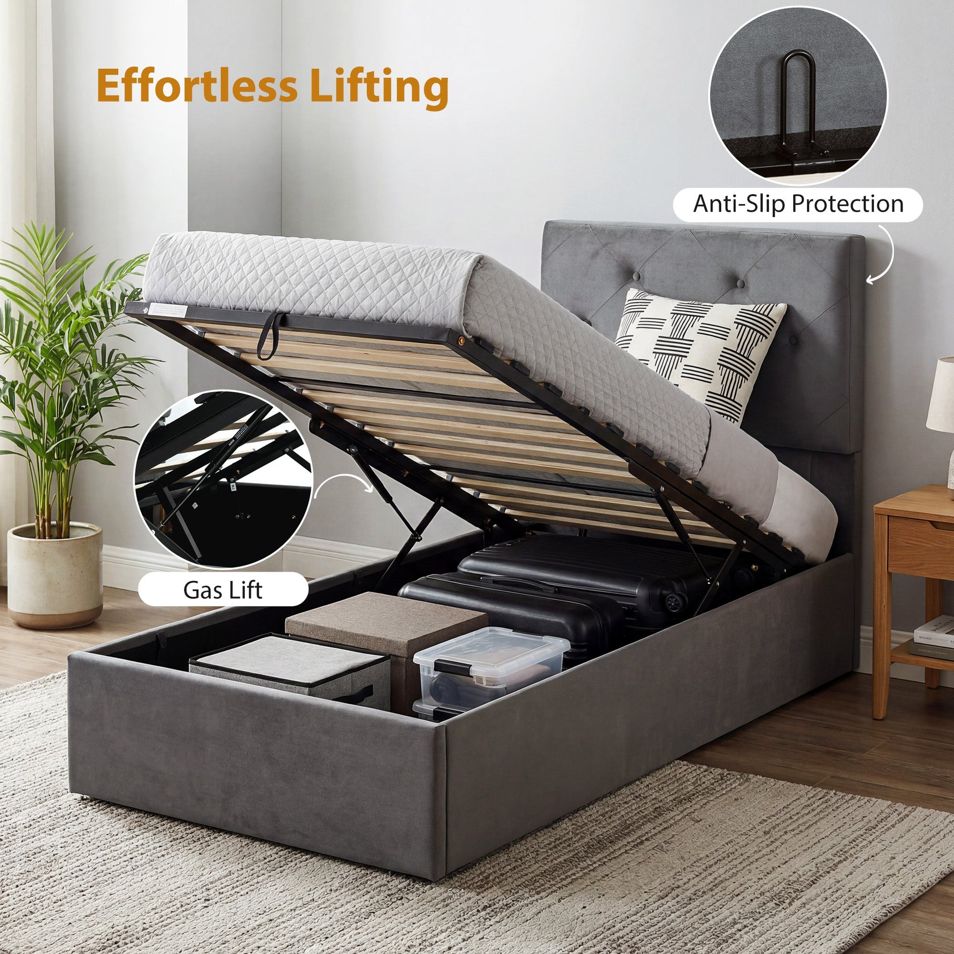 3FT Single Bed Frame for 90 x 190 cm Mattress, Upholstered Platform Bed Frame with Tufted Headboard, Gas Lift Up Storage, Mattress Foundation, Dark Grey
