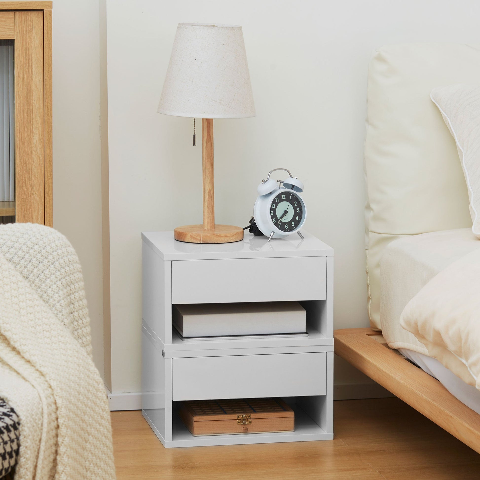 HOMCOM Floating Bedside Table Set of 2 Wall Mounted Nightstand with Storage Drawer and Open Shelf for Bedroom, High Gloss White