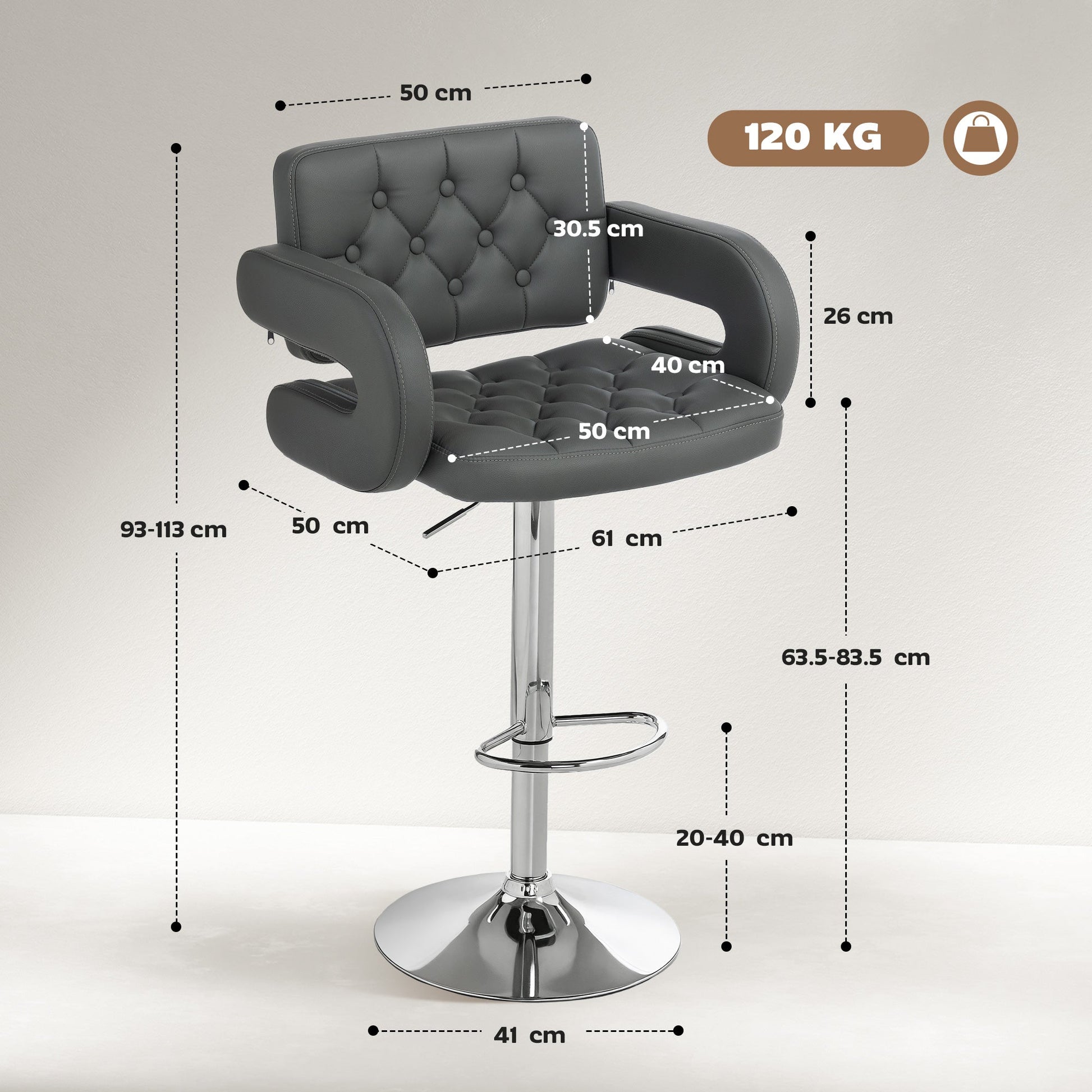 Swivel Bar Stool with Extra Large Seat, PU Leather Upholstered Adjustable Barstool with Back, Arm and Footrest, Breakfast Bar Chair for Bistro, Kitchen, Grey