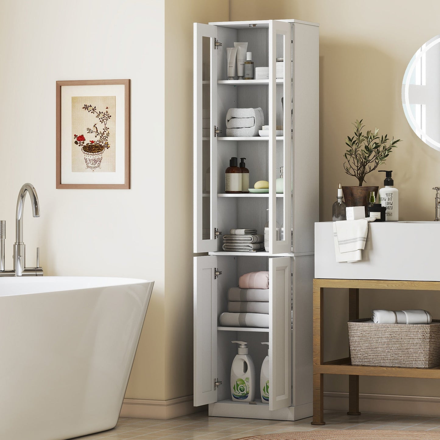 Tall Bathroom Storage Cabinet, 6-Tier Slim Freestanding Bathroom Cabinet with Adjustable Shelf, 4 Soft-Close Doors, Storage Unit for Small Space, 38 x 26 x 160 cm, White