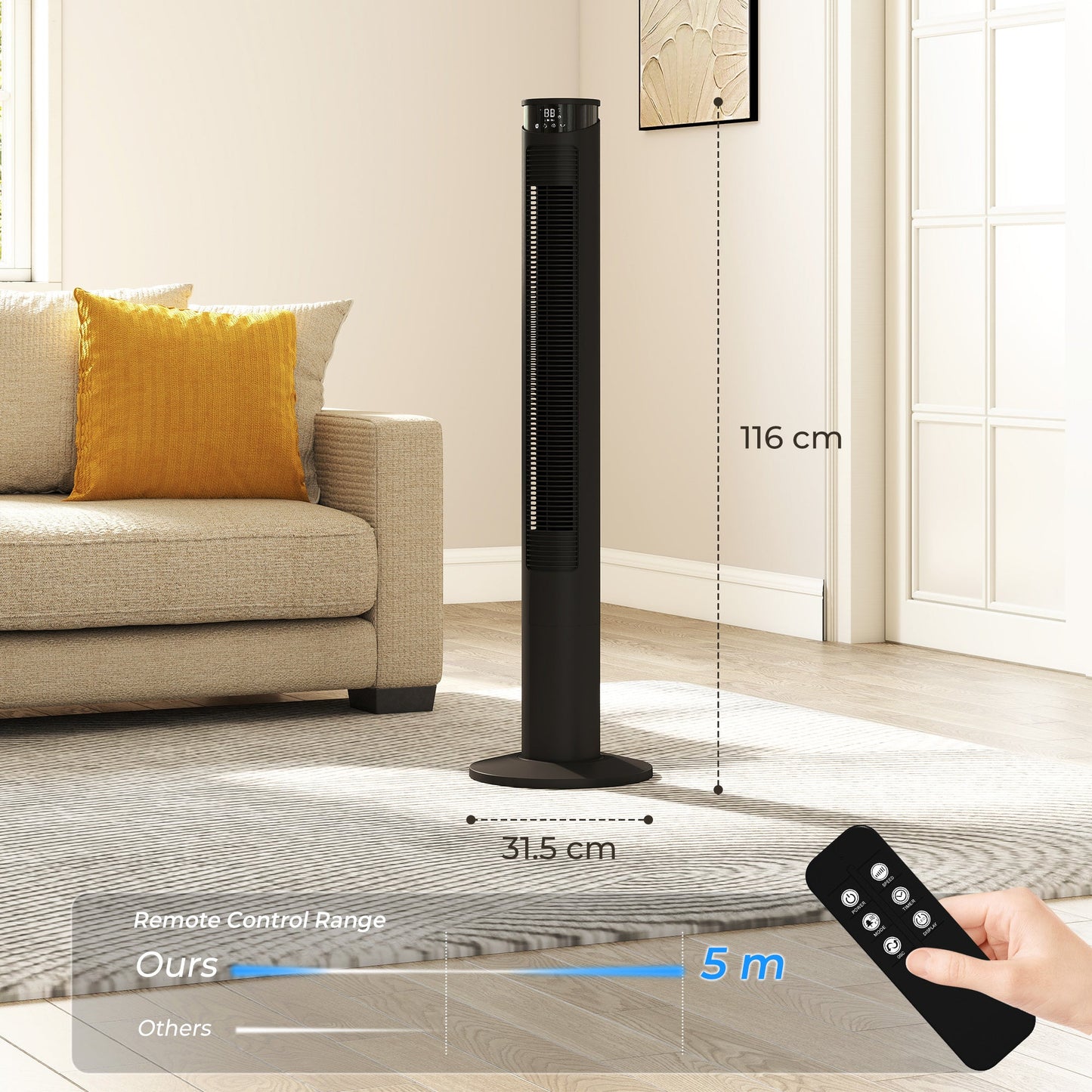 116 cm Tower Fan for Cooling, Standing Floor Fan with WiFi Control, 65° Oscillating, 12 Hour Timer, LED Display and Remote Control for Bedroom, Office, Black