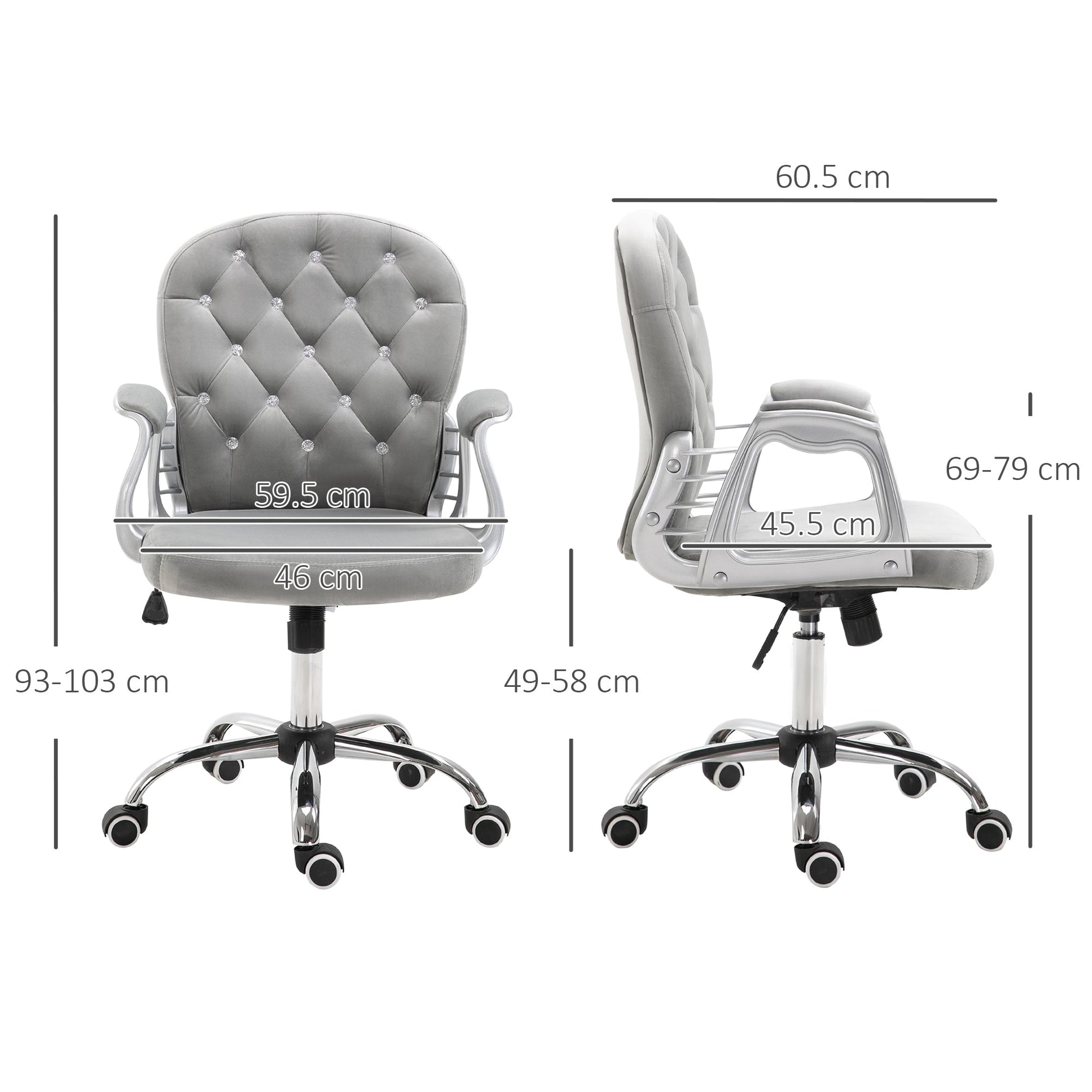 HOMCOM Office Chair, Swivel Desk Chair, Velvet Vanity Chair with Adjustable Height and Rolling Wheels for Home Work Study, Grey