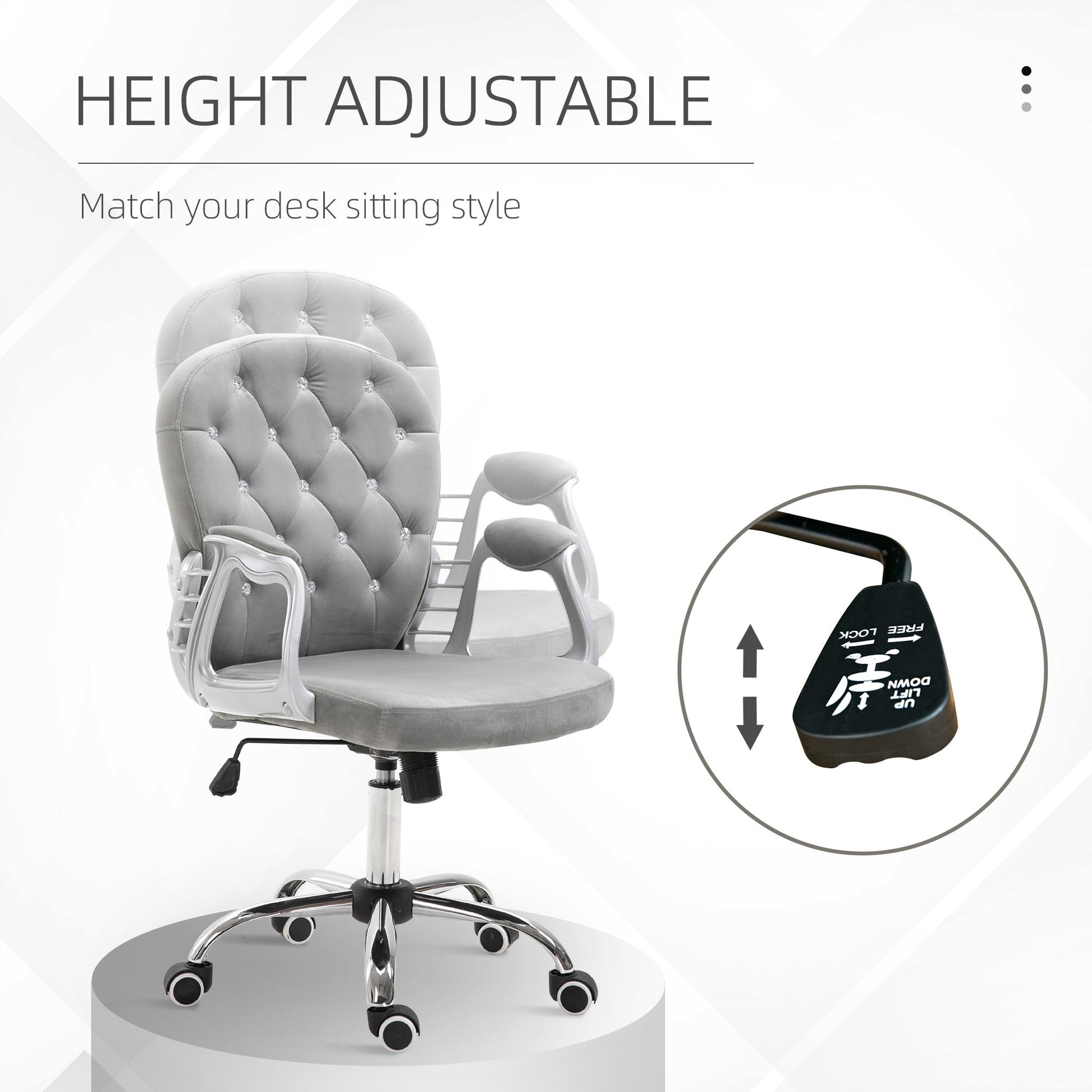 HOMCOM Office Chair, Swivel Desk Chair, Velvet Vanity Chair with Adjustable Height and Rolling Wheels for Home Work Study, Grey