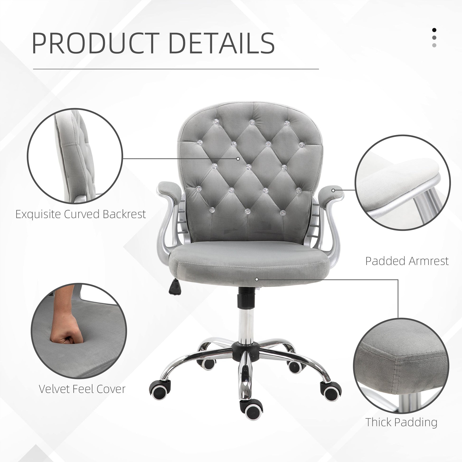 HOMCOM Office Chair, Swivel Desk Chair, Velvet Vanity Chair with Adjustable Height and Rolling Wheels for Home Work Study, Grey