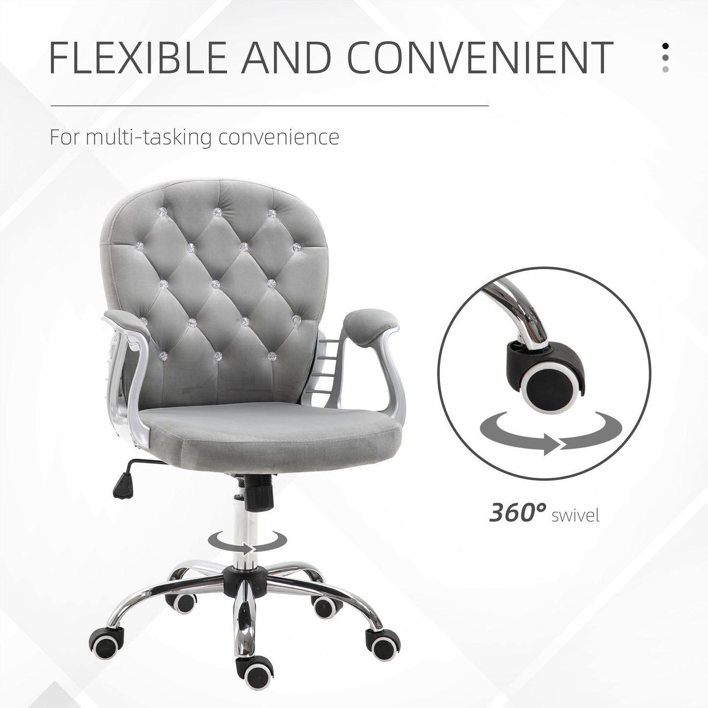 HOMCOM Office Chair, Swivel Desk Chair, Velvet Vanity Chair with Adjustable Height and Rolling Wheels for Home Work Study, Grey