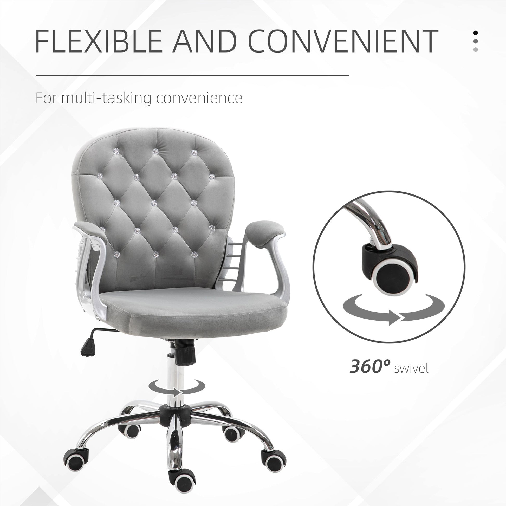 HOMCOM Office Chair, Swivel Desk Chair, Velvet Vanity Chair with Adjustable Height and Rolling Wheels for Home Work Study, Grey