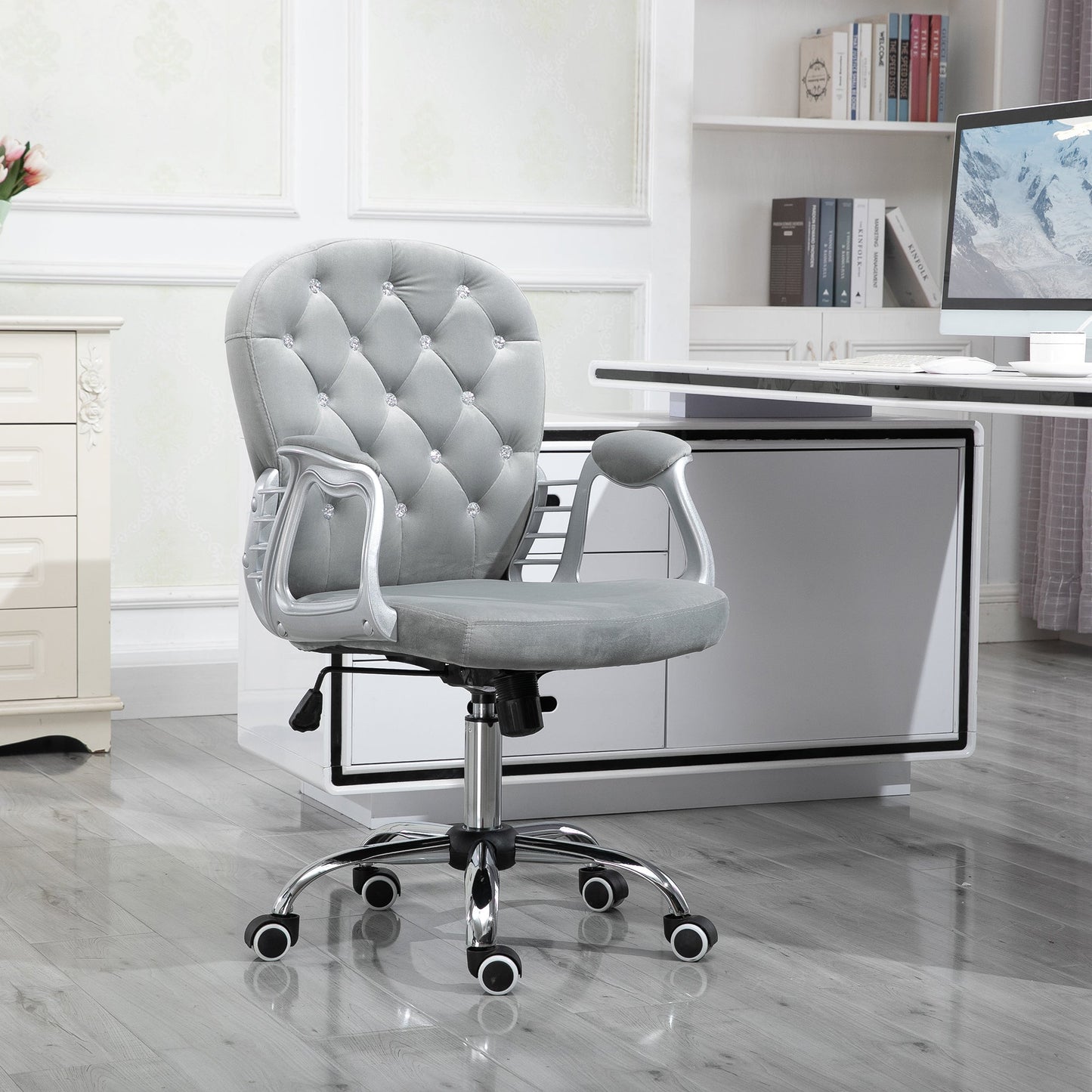 HOMCOM Office Chair, Swivel Desk Chair, Velvet Vanity Chair with Adjustable Height and Rolling Wheels for Home Work Study, Grey
