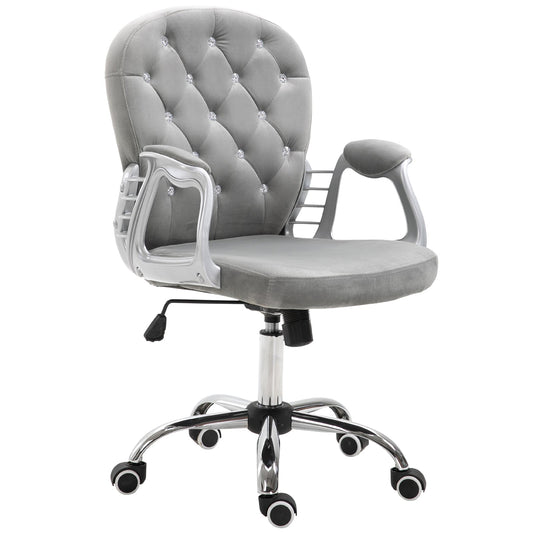 HOMCOM Office Chair, Swivel Desk Chair, Velvet Vanity Chair with Adjustable Height and Rolling Wheels for Home Work Study, Grey