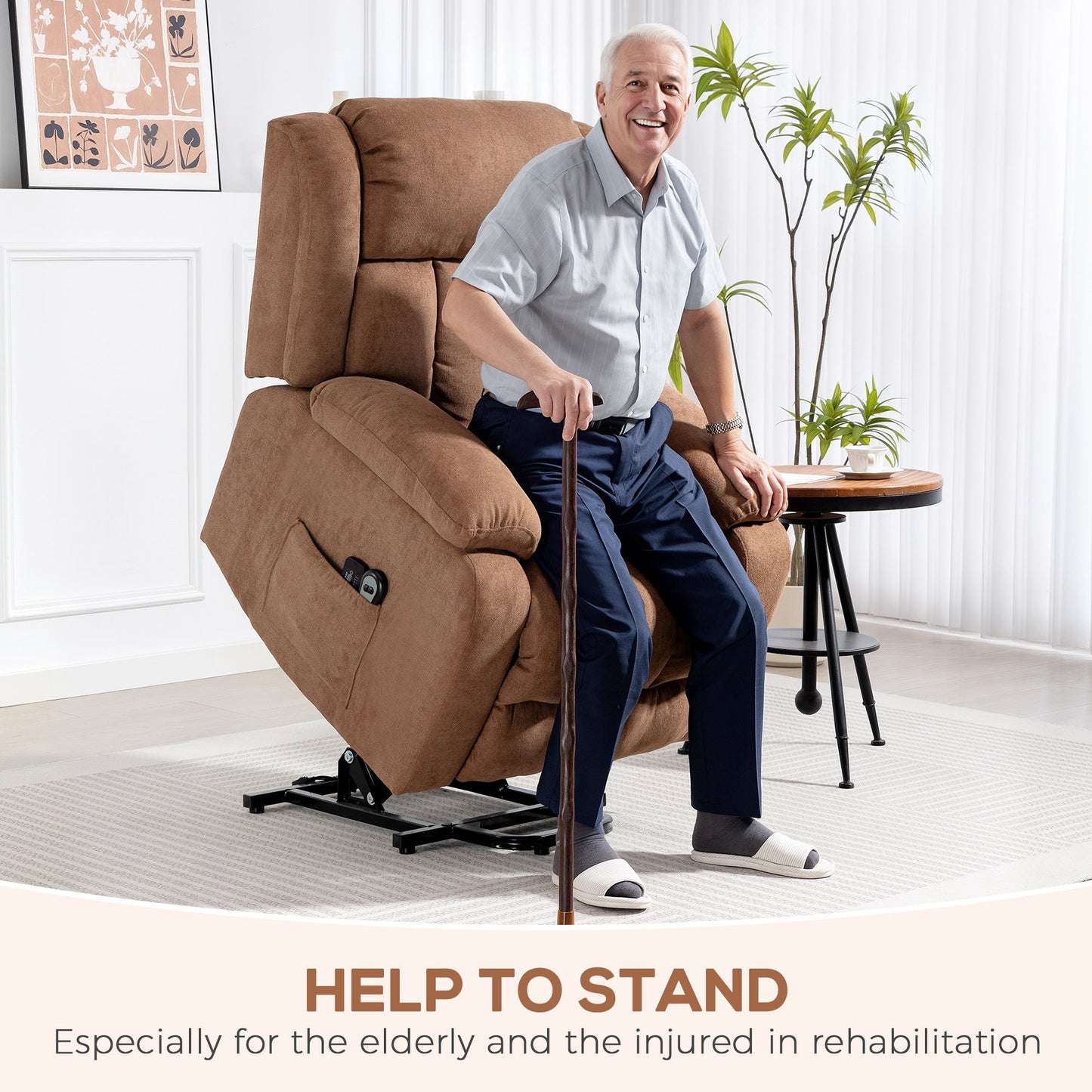 Power Lift Recliner Chair with Massage, Linen Overstuffed Lift Chair for Elderly, Electric Recliner Armchair with Footrest, Remote Control and Side Pocket, for Living Room, Brown
