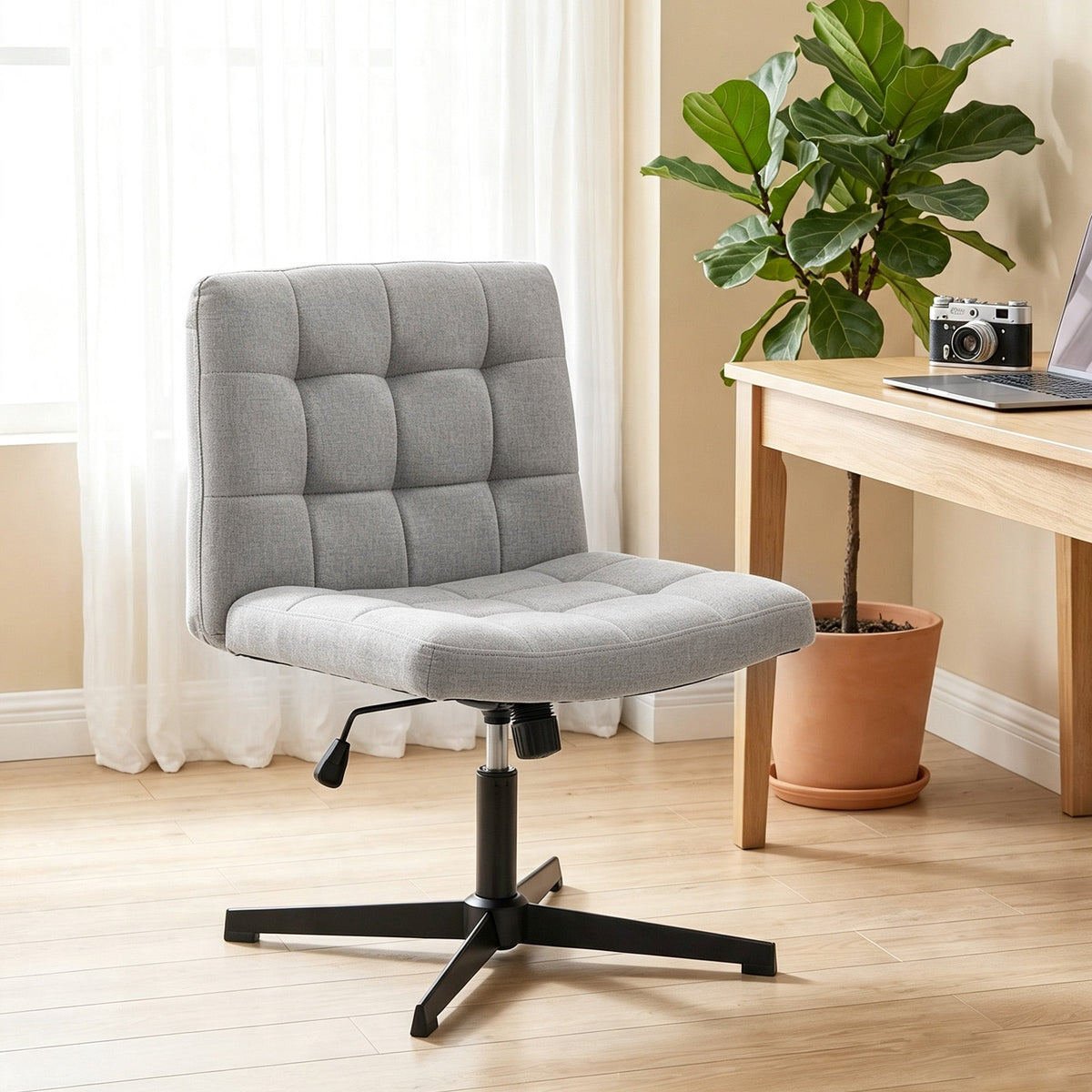 Armless Office Chair, Cross Legged Linen Computer Desk Vanity Chair with Wide Seat, Rocking Function, Swivel, Adjustable Height for Home Office, Study, Bedroom, Makeup, Grey