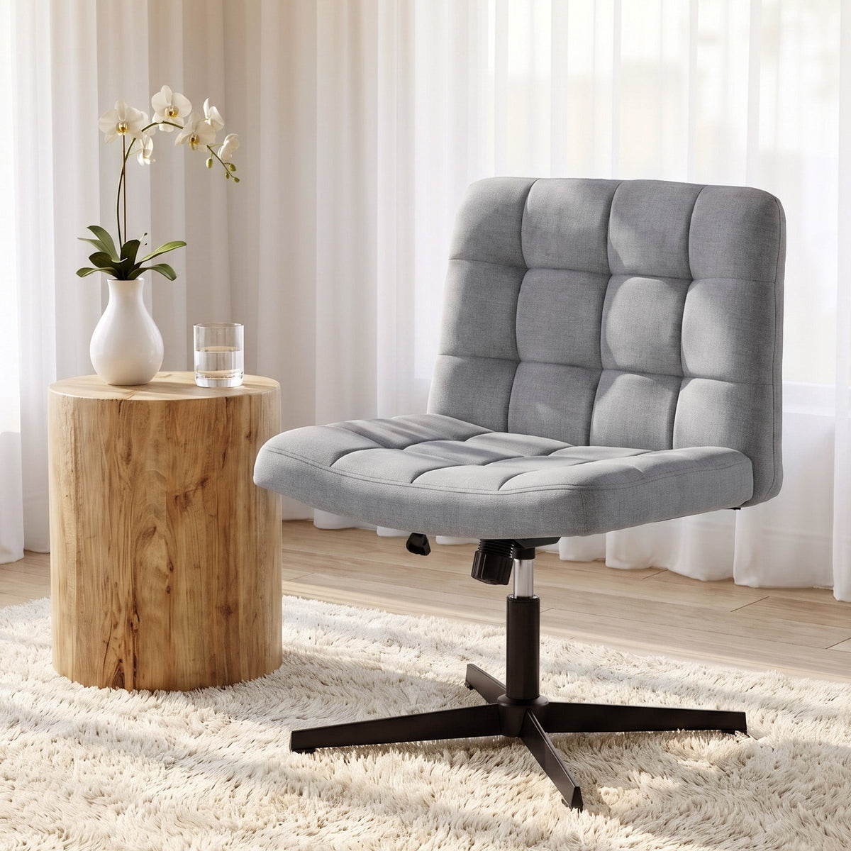 Armless Office Chair, Cross Legged Linen Computer Desk Vanity Chair with Wide Seat, Rocking Function, Swivel, Adjustable Height for Home Office, Study, Bedroom, Makeup, Grey