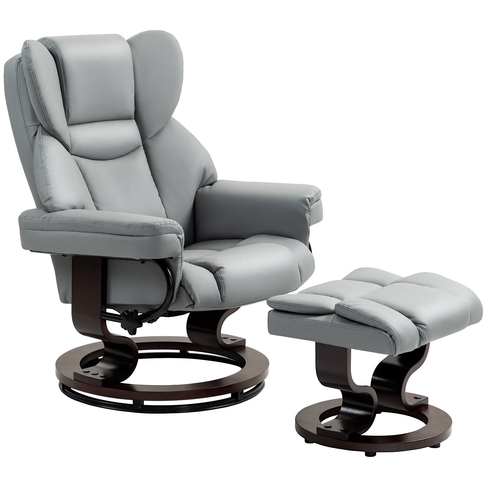 HOMCOM Faux Leather Recliner Chair and Footstool, Swivel Upholstered Armchair and Footstool with Adjustable Backrest, Solid Wood Base for Living Room, Light Grey