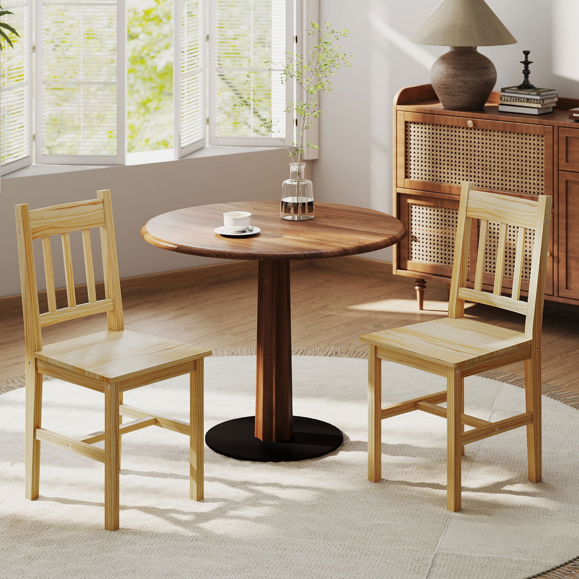 Dining Chairs Set of 2, Kitchen Chair with Slat Back, Pine Wood Structure for Living Room and Dining Room, Natural Wood Finish