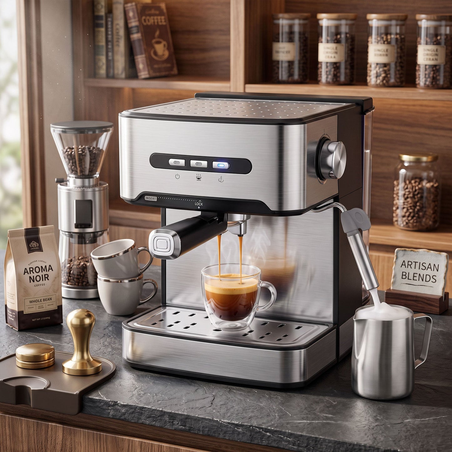 Espresso Machine with Milk Frother Wand, 1.6 L Water Tank, 850W Semi Automatic 20 Bar Coffee Machine, Latte and Cappuccino Maker with Double Shot, Hot Water, Cup Warming, Black and Silver