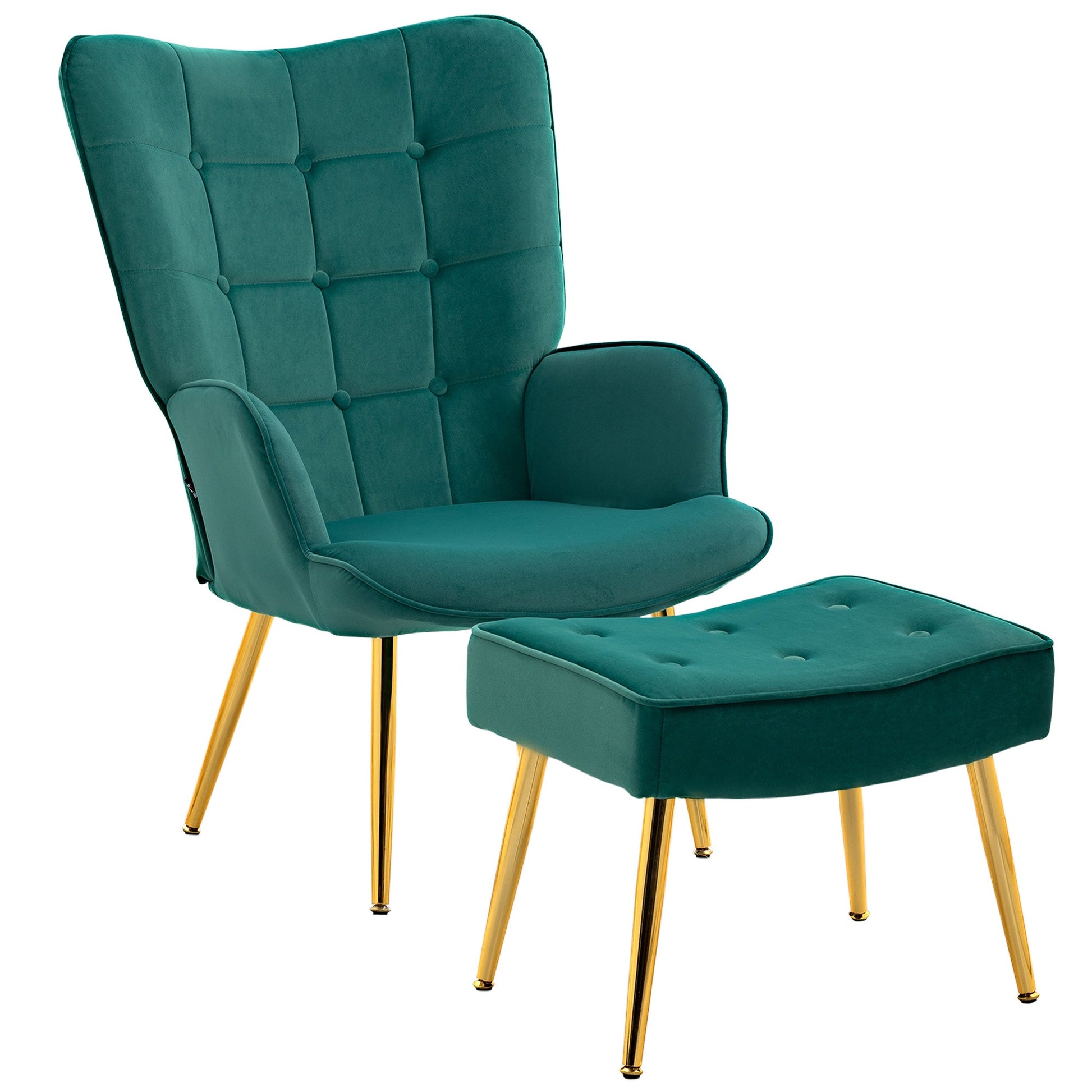HOMCOM Modern Armchair with Footstool, Upholstered Accent Chair with Ottoman, Steel Legs, Velvet Wingback Chair for Living Room, Bedroom, Home Study, Dark Green