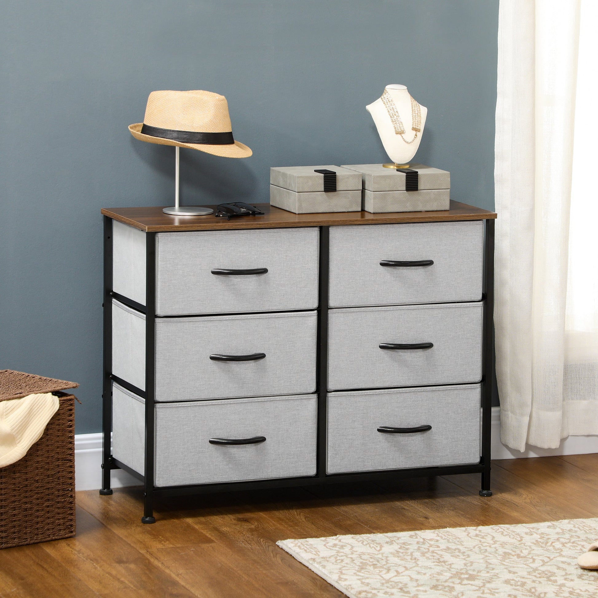 Fabric Chest of Drawers, Industrial Bedroom Dresser with 6 Fabric Drawers, Steel Frame and Wooden Top for Nursery, Living Room, Hallway, Grey