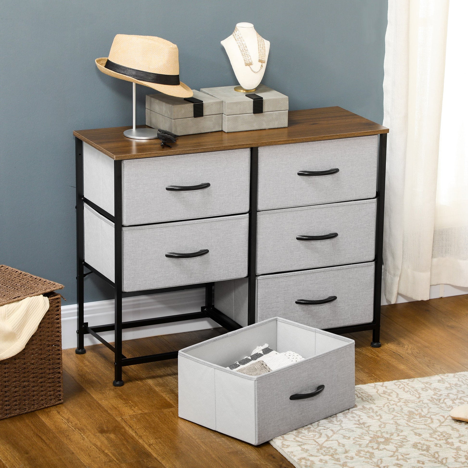 Fabric Chest of Drawers, Industrial Bedroom Dresser with 6 Fabric Drawers, Steel Frame and Wooden Top for Nursery, Living Room, Hallway, Grey