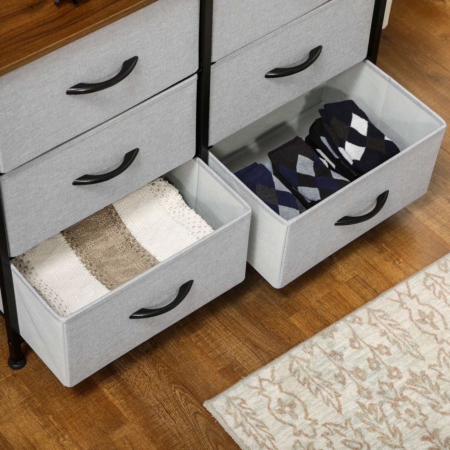Fabric Chest of Drawers, Industrial Bedroom Dresser with 6 Fabric Drawers, Steel Frame and Wooden Top for Nursery, Living Room, Hallway, Grey
