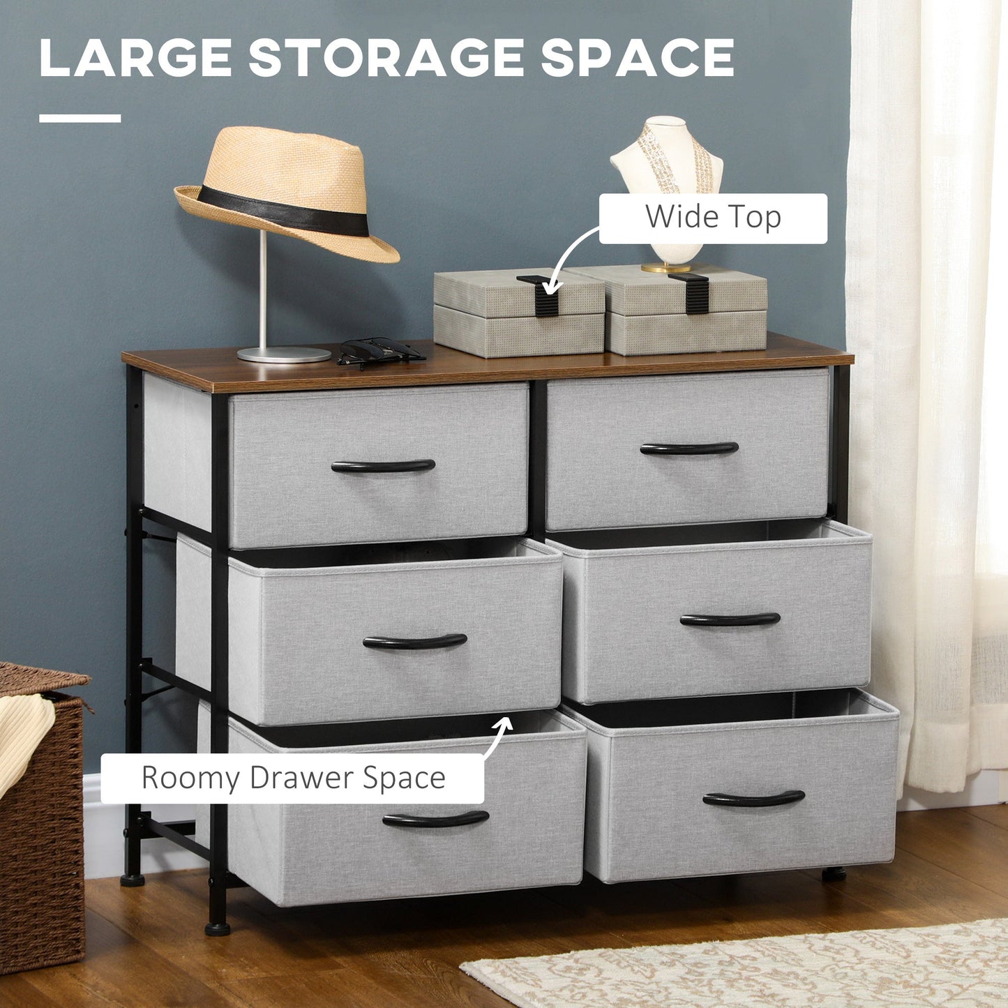 Fabric Chest of Drawers, Industrial Bedroom Dresser with 6 Fabric Drawers, Steel Frame and Wooden Top for Nursery, Living Room, Hallway, Grey