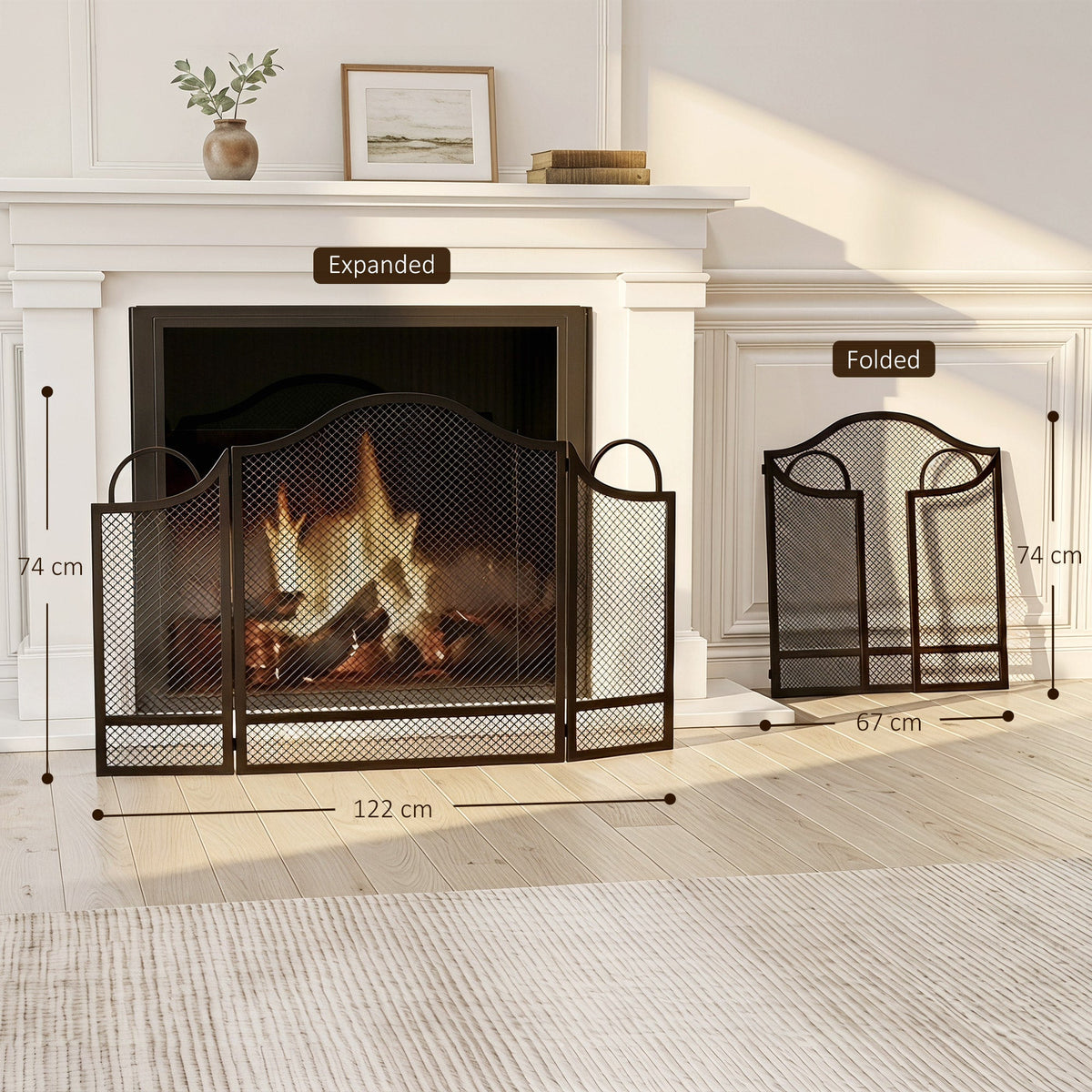 Floral 3-Panel Folding Fireplace Screen for Hearth Protection with Spark Guard, for Fireplace, Heat-Resistant Metal Fire Spark Guard, 122 x 1 x 74 cm, Black