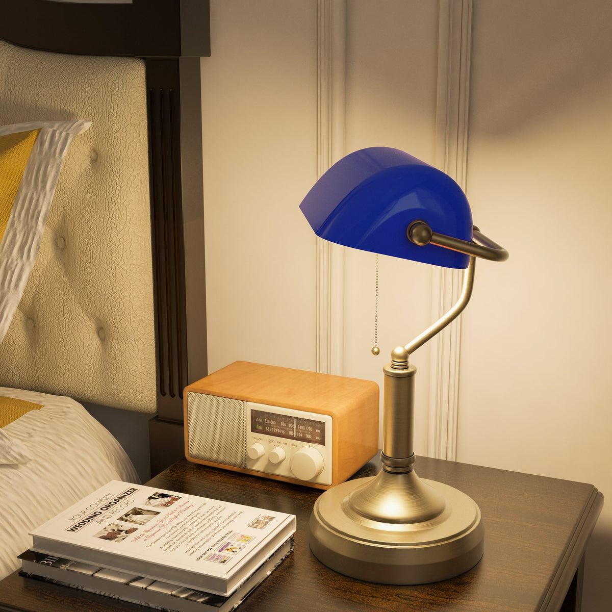 HOMCOM Banker's Table Lamp Desk Lamp with Antique Bronze Tone Base, Blue Glass Shade and Pull Rope Switch for Home Office, Living Room, Bedroom, Dining Room, Blue